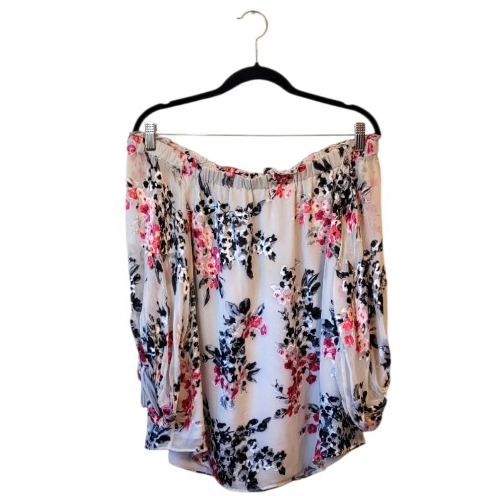 WHBM Women's Light Grey Floral Velvet Off The Shoulder Blouse Size M